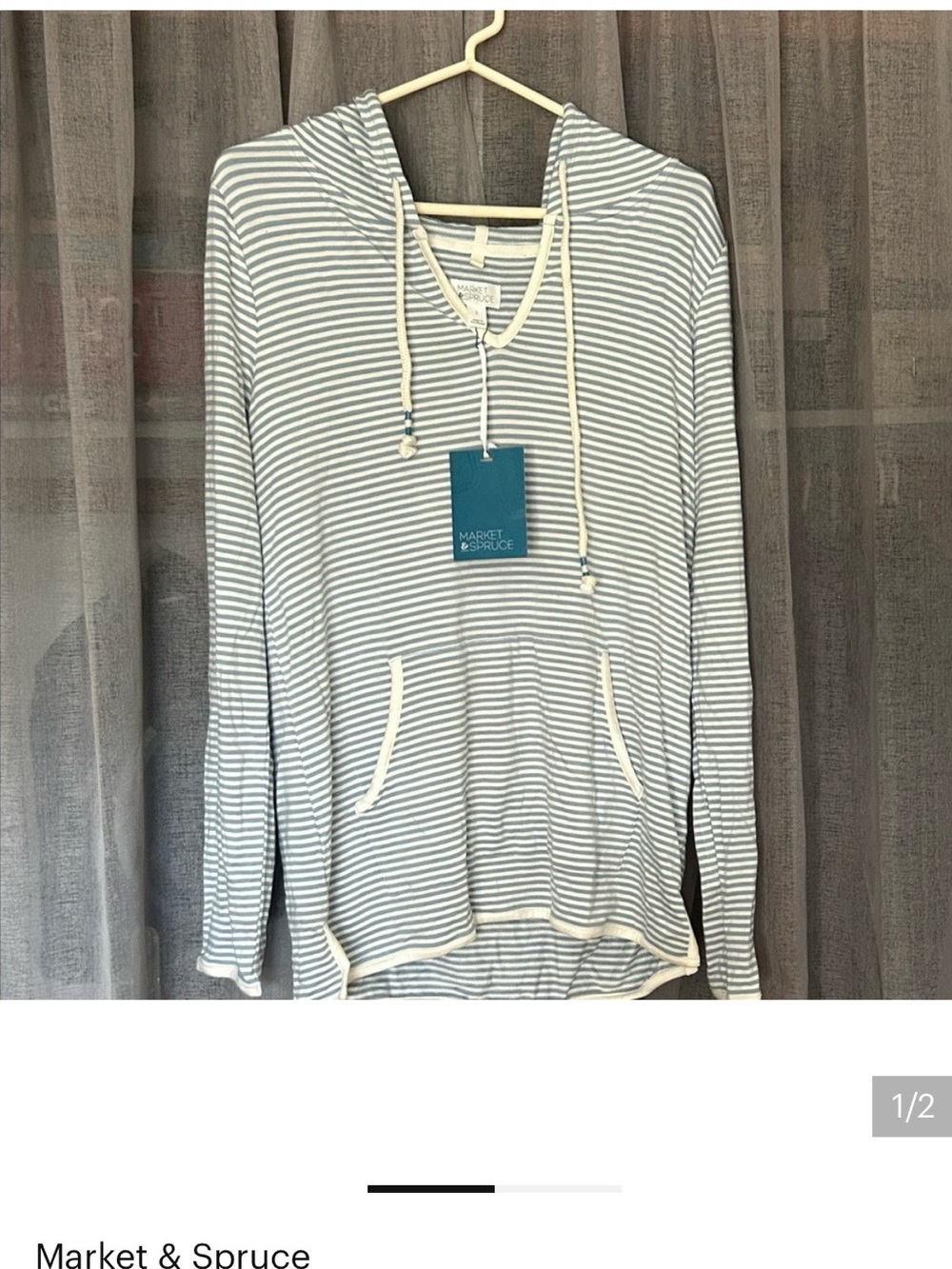 Market & Spruce Light Gray & White Striped Hooded Pullover